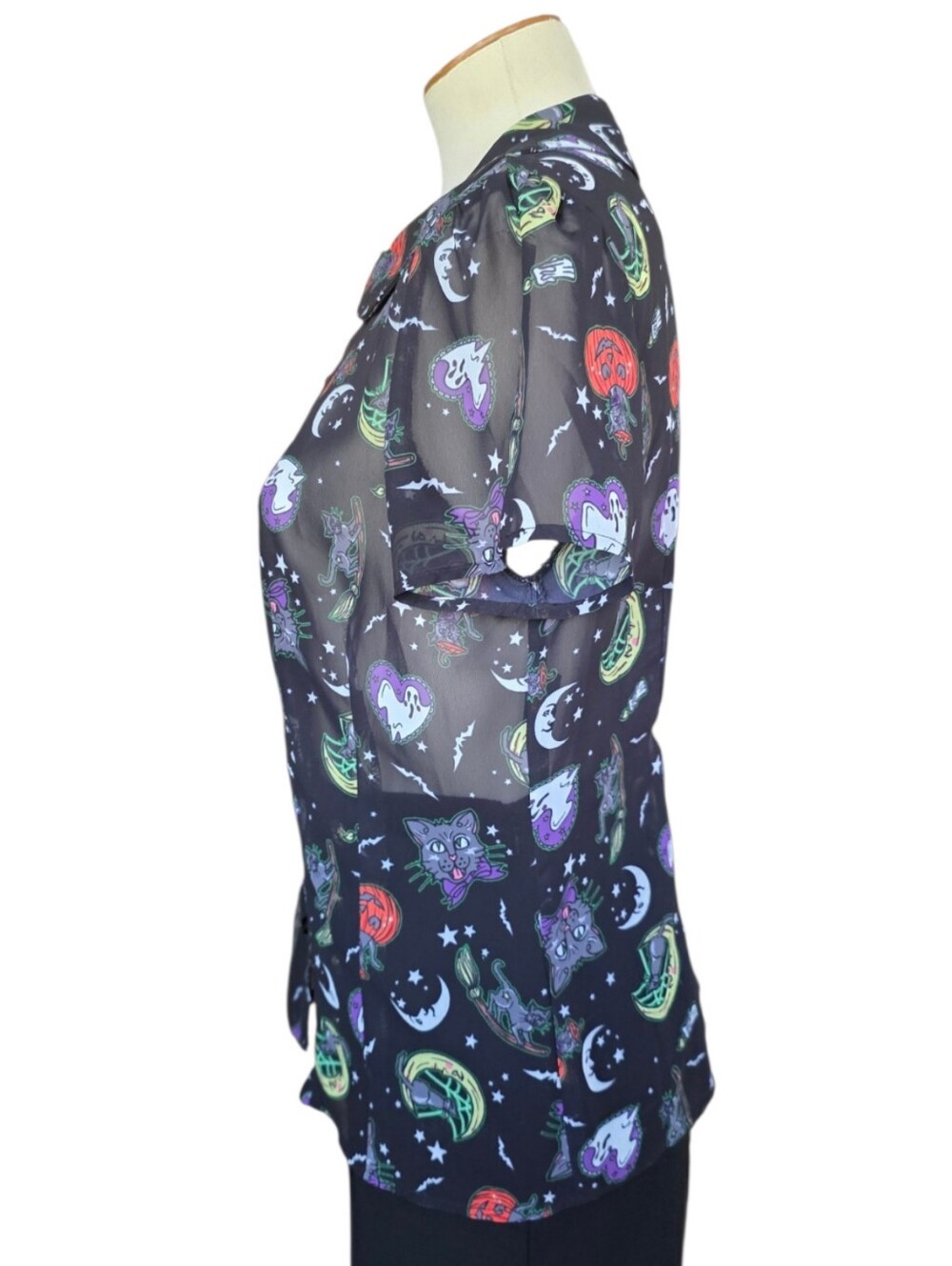 Hell Bunny Salem Halloween Sheer Cat Ghost Pumpkin Blouse Womens Size M - Picture 5 of 10